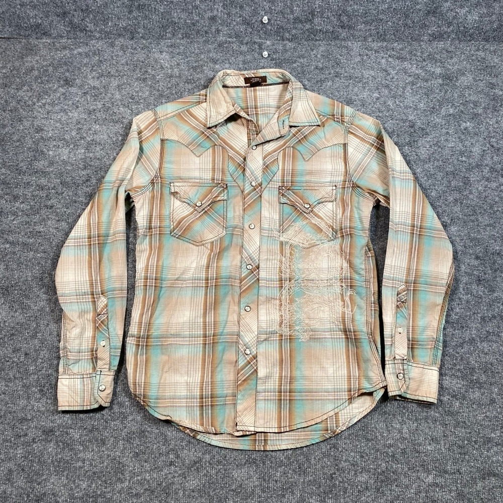 Arizona Jean Co Womens Brown Turquoise Plaid Western Pearl Snap Shirt Small